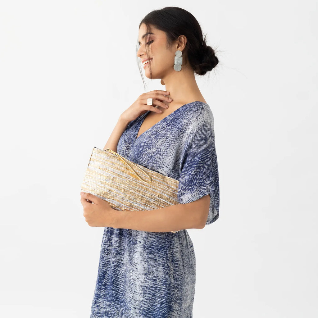 METALLIC BAGUETTE CLUTCH - GOLD SILVER IKAT