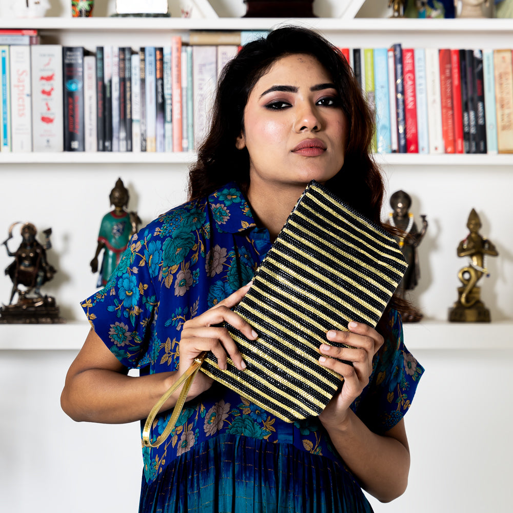 METALLIC CLUTCH - GOLD BLACK STRIPE