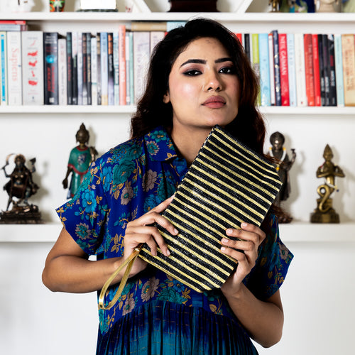METALLIC CLUTCH - GOLD BLACK STRIPE