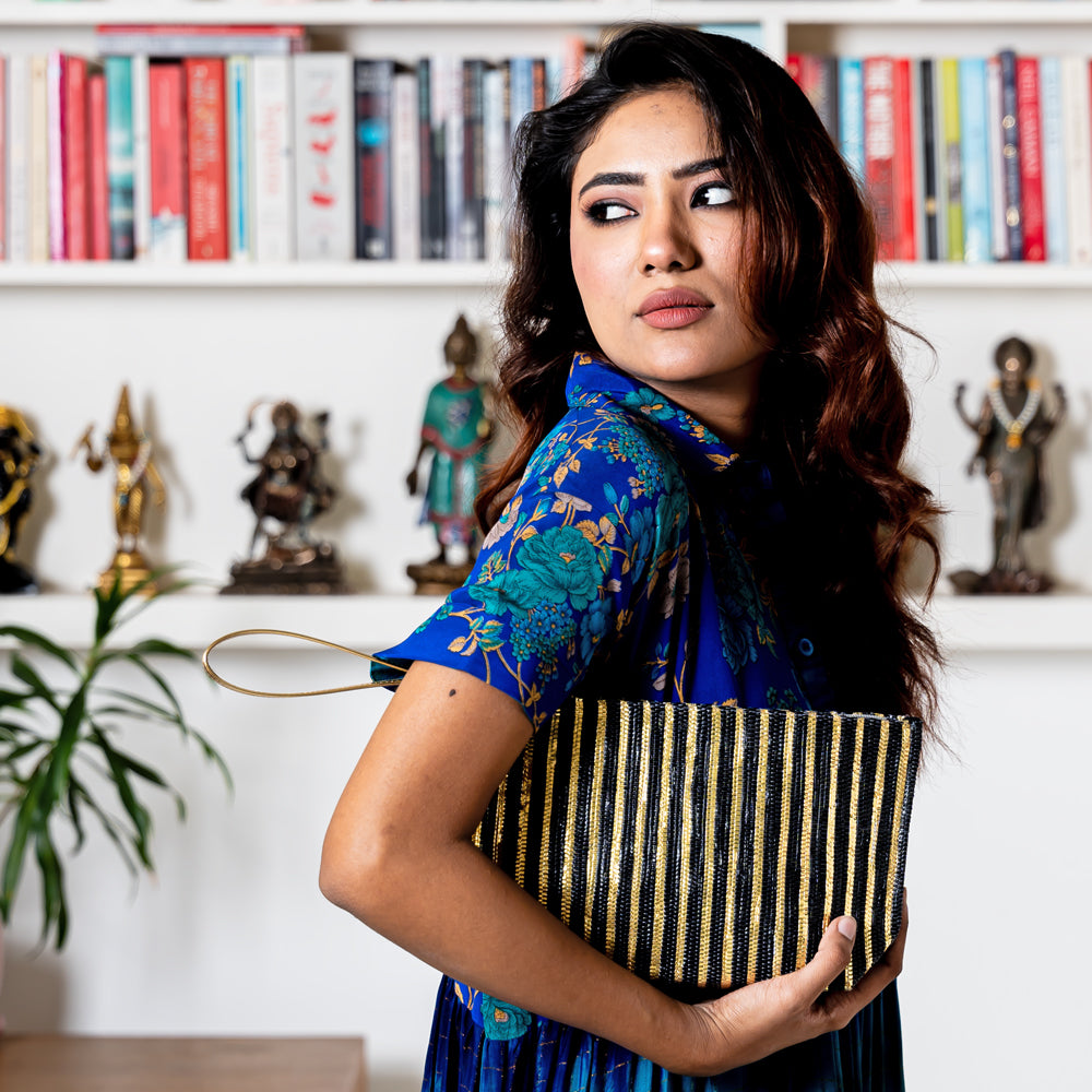 METALLIC CLUTCH - GOLD BLACK STRIPE