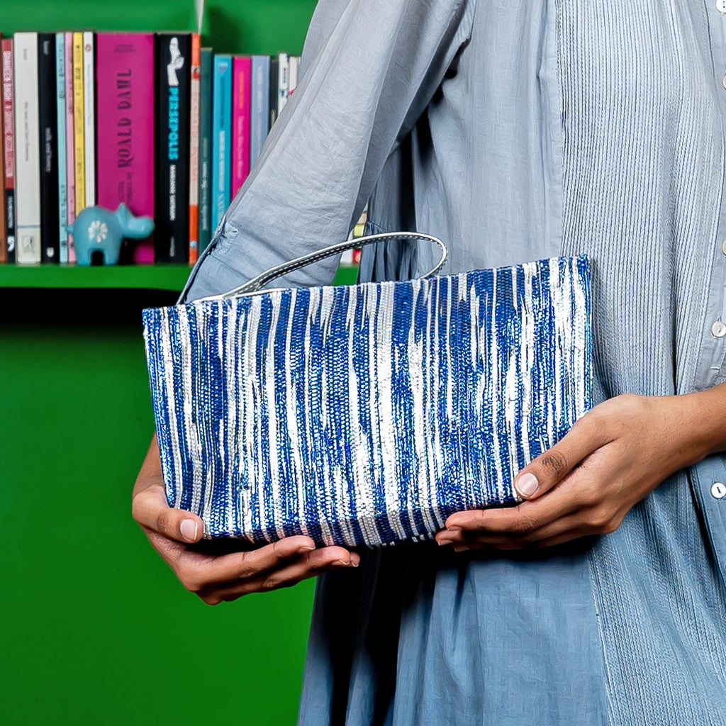 METALLIC CLUTCH - SILVER BLUE IKAT