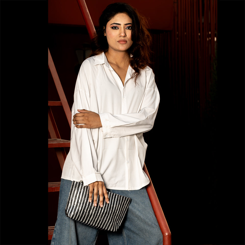 METALLIC CLUTCH - SILVER BLACK STRIPE